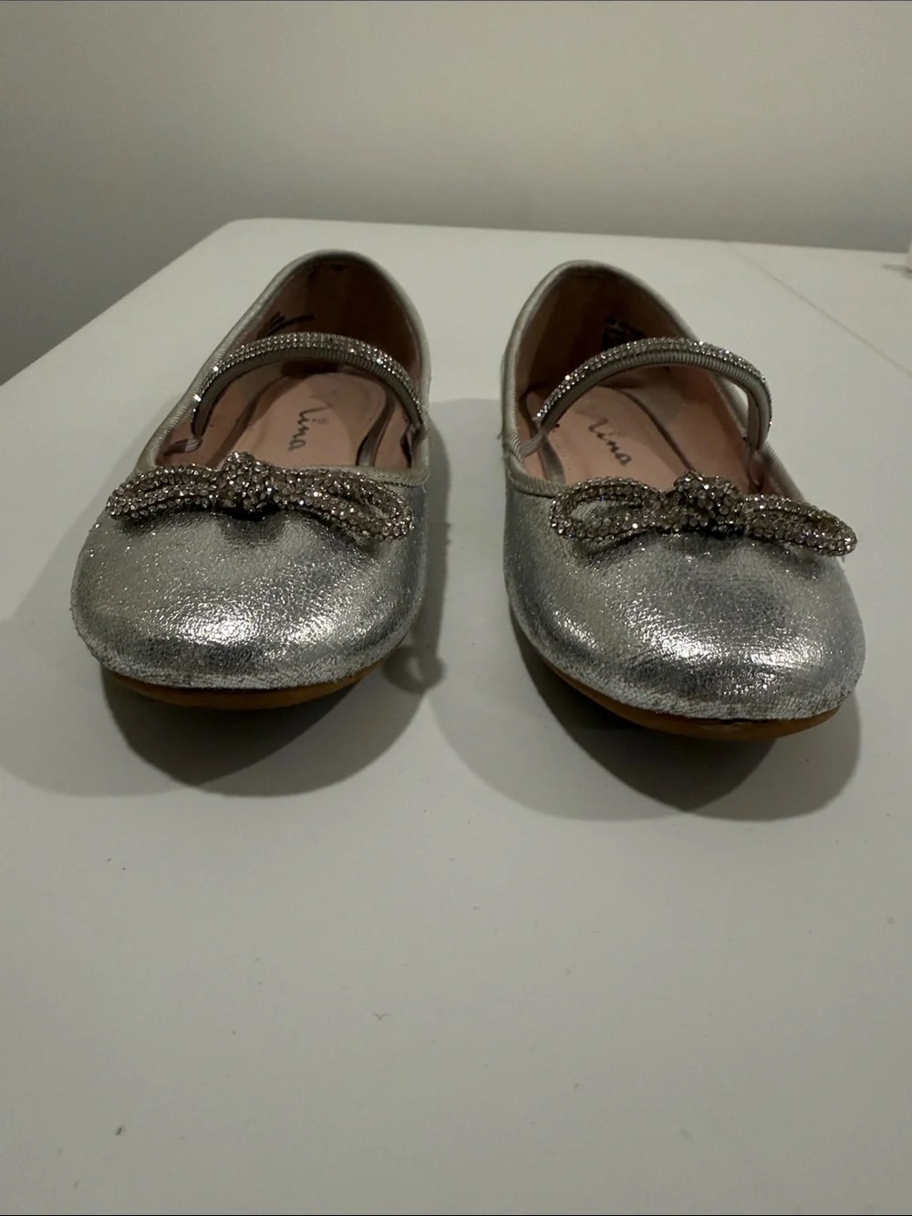 Nina Girls Metallic Silver Mary Jane Ballet Flats with Rhinestone Bow sz4